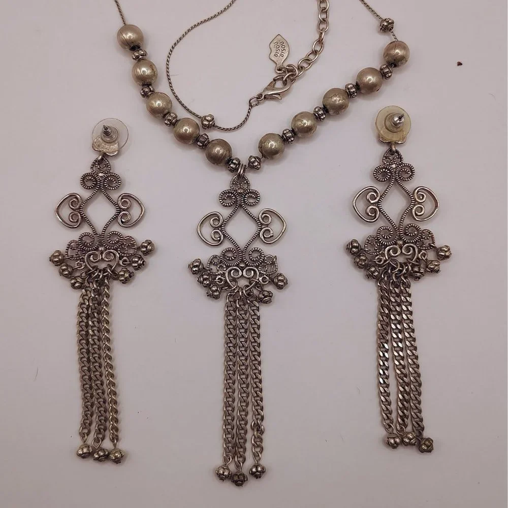 Stunning Silver Toned Wire and Beads Ornate Choker Earring Set Bisou Bisou - Picture 1 of 8